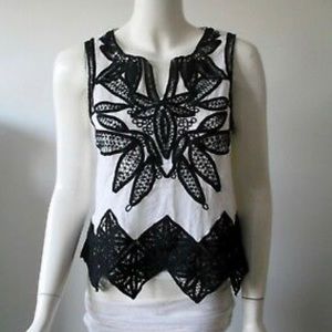 Anthropologie White Linen/Black Lace Top